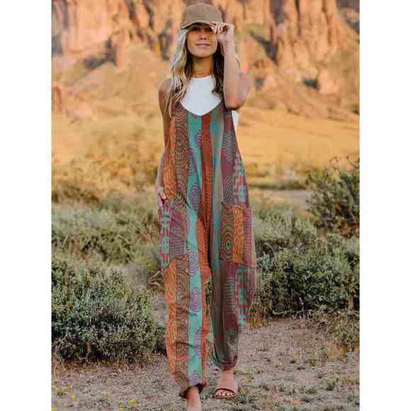 Double Take Pants - Full Size Printed V-Neck Sleeveless Jumpsuit